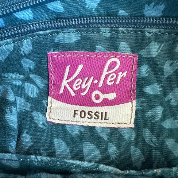 Fossil Key Per Quilted Purse Shoulder Bag Tote Brown Teal Floral Stitching Casua - Picture 2 of 15